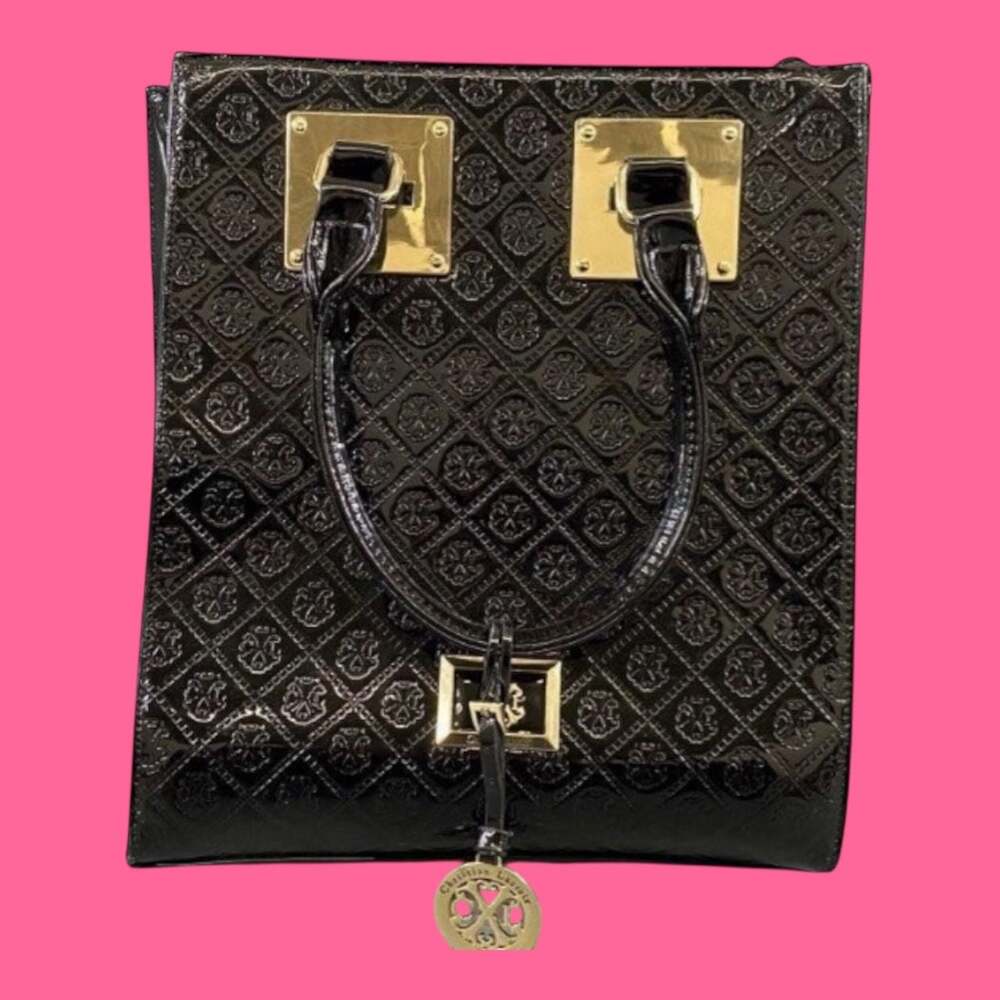 Christian Lacroix Paris Black Embossed Patent Leather Tote Handbag with Gold Har